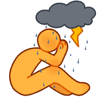  a yellow figure sitting with their head in their hands under a raining thundercloud. 